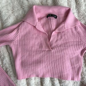 Pink collard sweater cropped long sleeve top